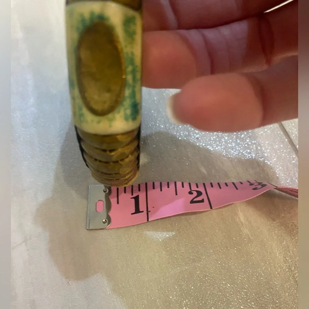 Vintage Brass Bangle Bracelet with Faded Green and Off White Accents
